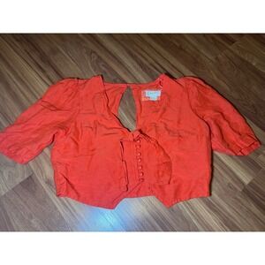 Maeve Anthropologie Tie Front Blouse Top Coral Orange Open Back Cropped‎